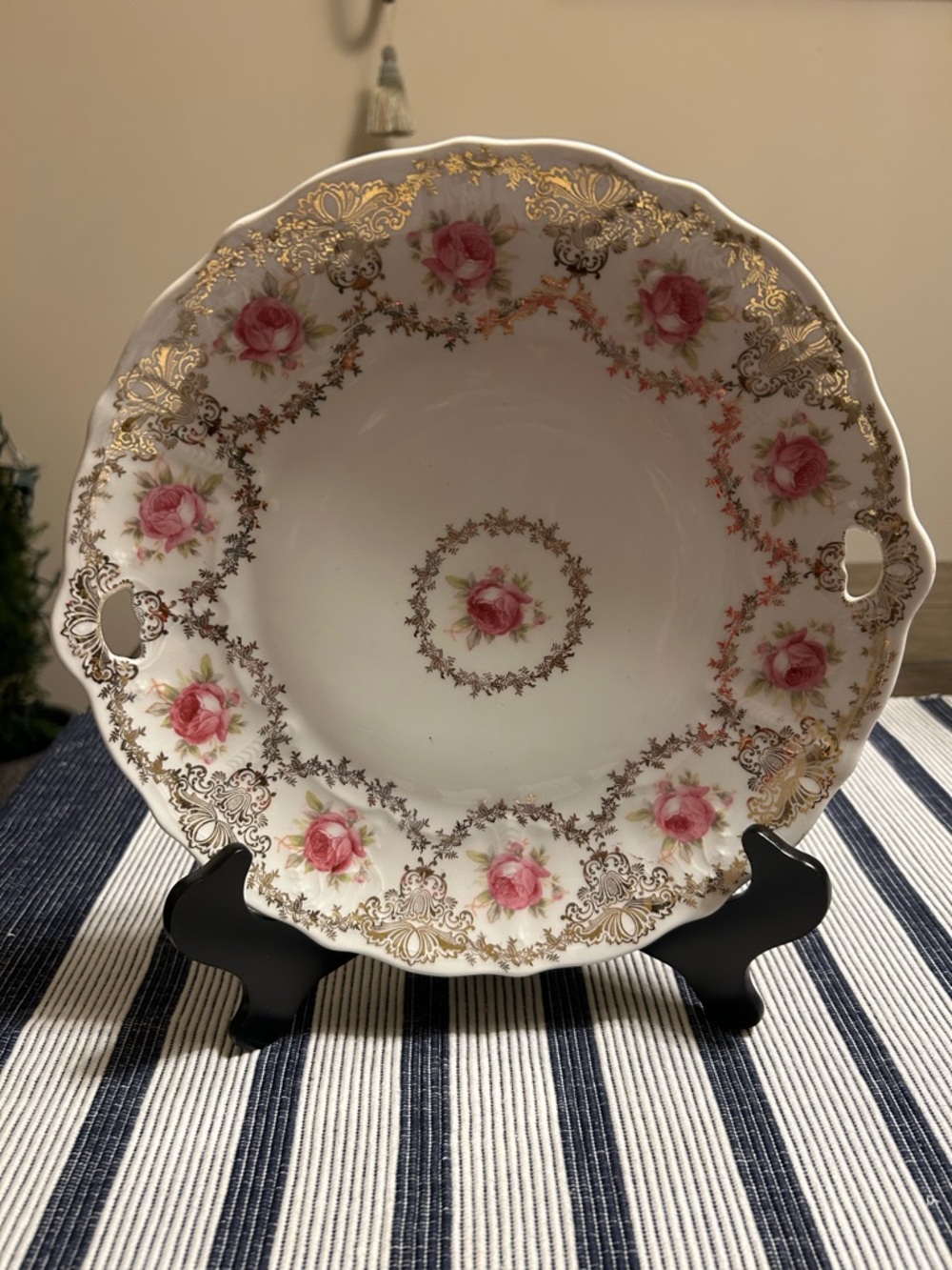 Vintage Floral Gold-Trim Serving Plate- Pink Rose
